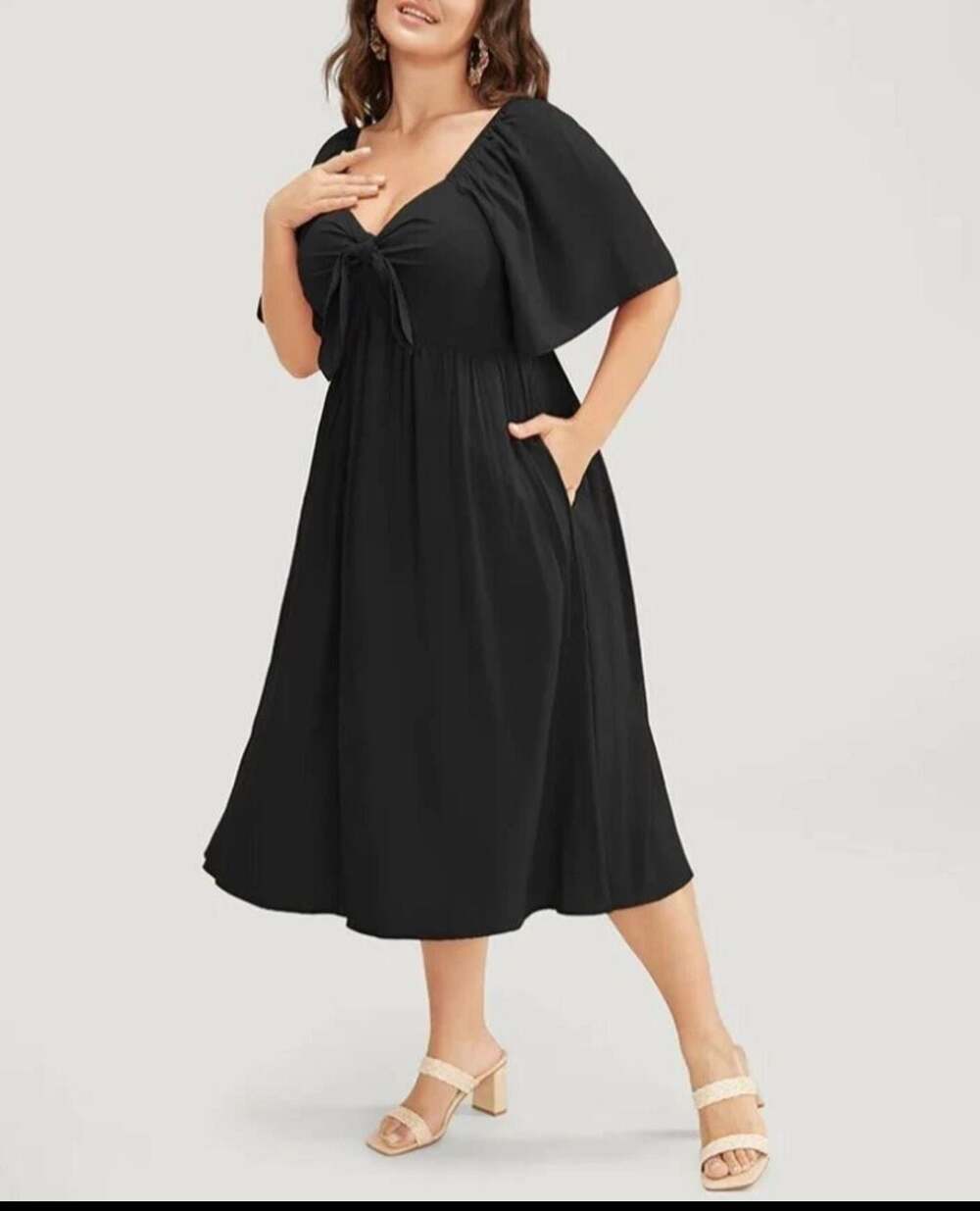 Plus Size 3x/22-24 BloomChic V-Neck Ruched Knotted Pocket Ruffle Dress - Picture 2 of 9